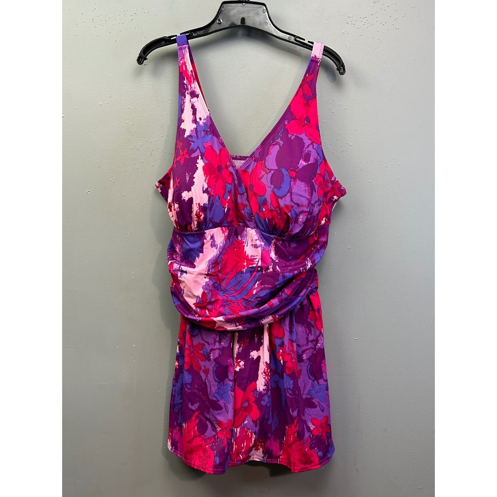 Denim & Co Beach Swim Dress Womens 22W Purple Floral V-Neck Adjustable‎ Straps